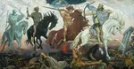 Four Horsemen of the Apocalypse, an 1887 painting by Viktor Vasnetsov. From left to right are Death, Famine, War, and Conquest