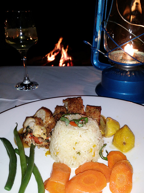 Stuffed chicken breast with savory rice and veggies at Buffalo Ridge Lodge
