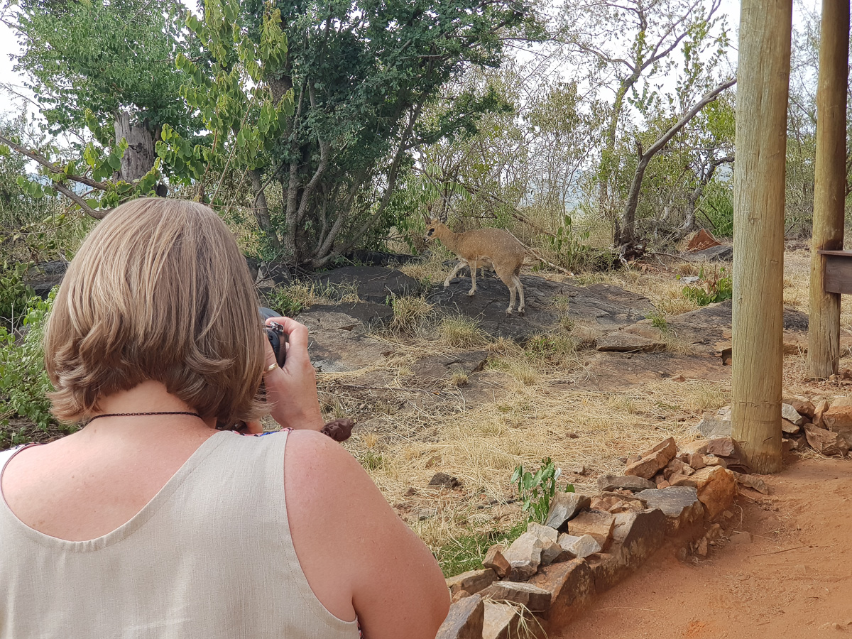 Jenny shooting klipspringer outside the chalet