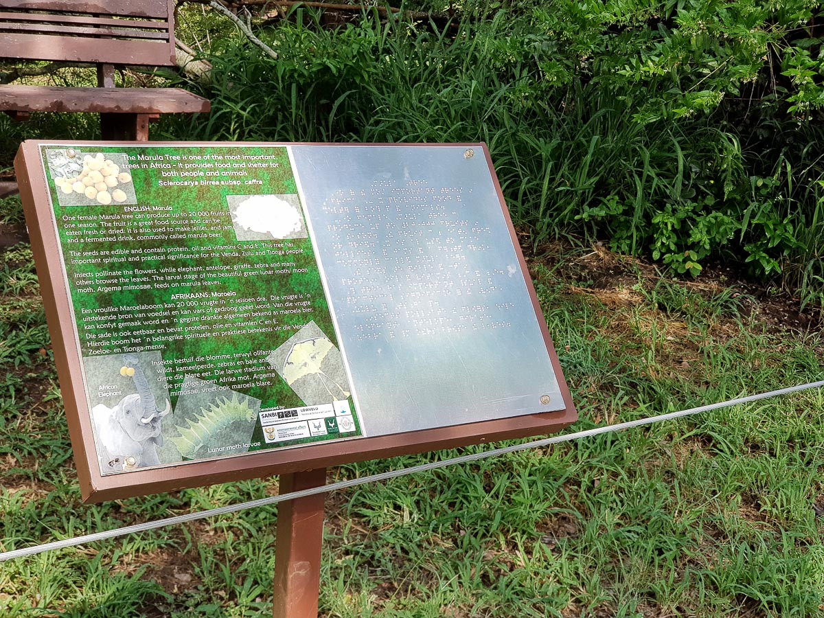 Berg en Dal camp has a walking trail for the blind with information post in the Kruger National Park