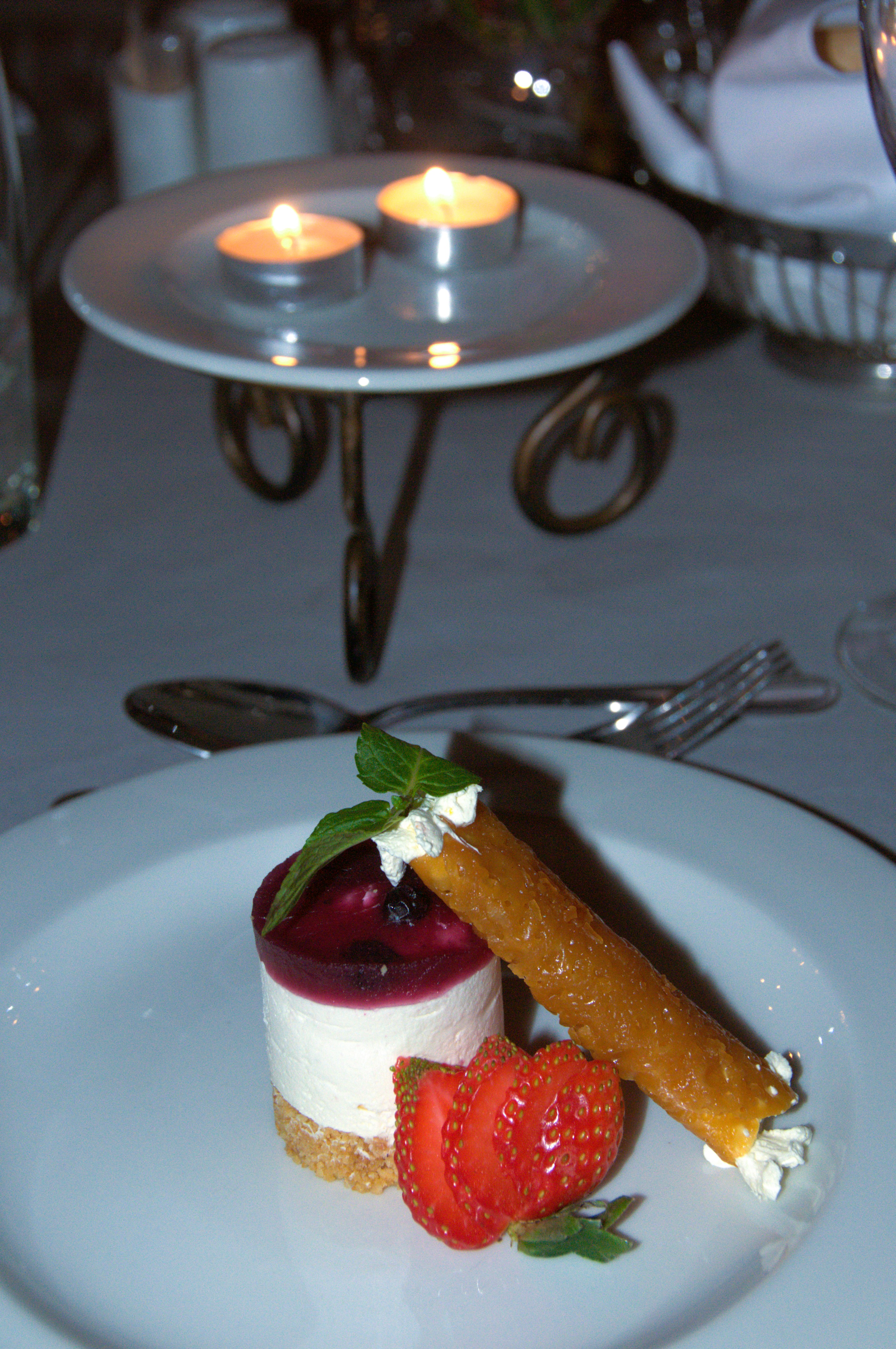 cheese cake and cream filled brandy snap dessert at Ivory Tree Lodge