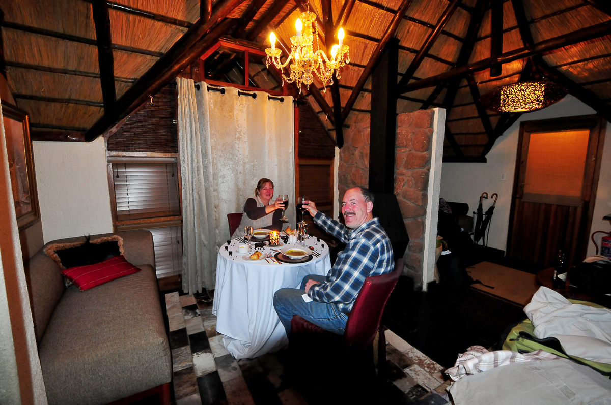 Dinner in our chalet at Tshukudu