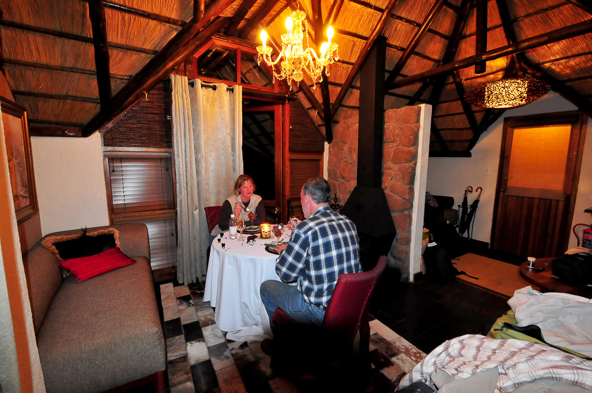 Cosy Dinner in our chalet at Tshukudu