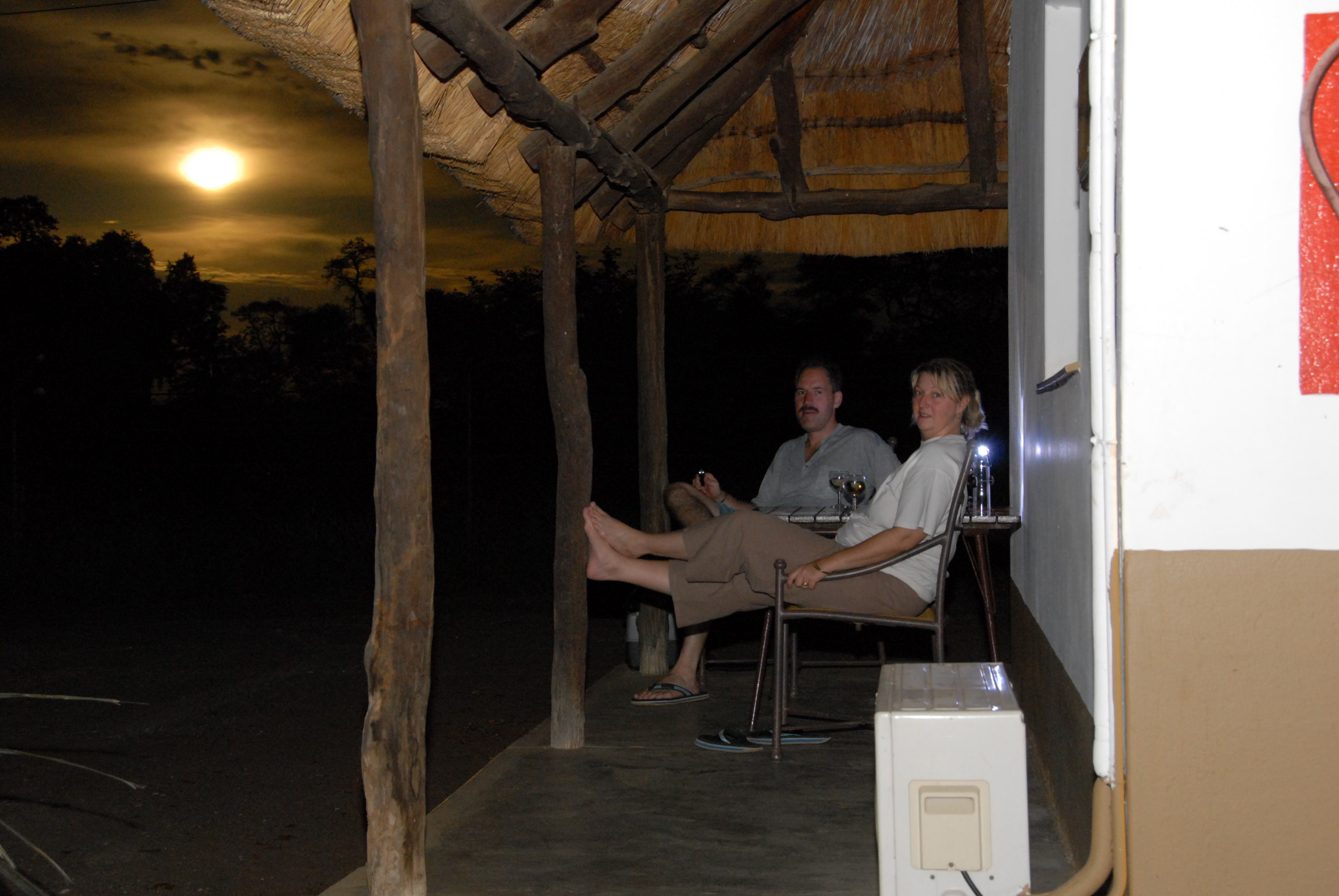 Dinner on our veranda with the moon in the background