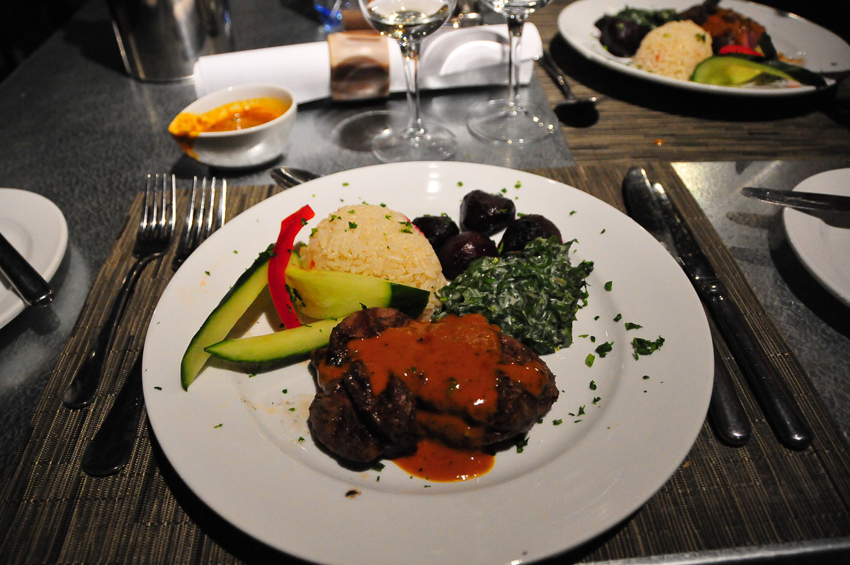 Gemsbok steak and veggies at the restaurant at Dolomite camp
