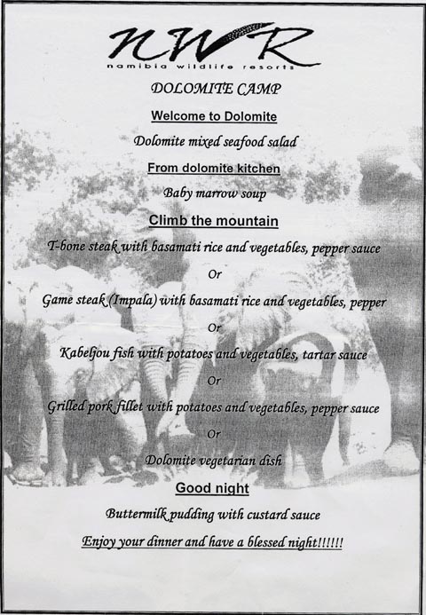 Dolomite camp dinner menu Dolomite camp dinner menu