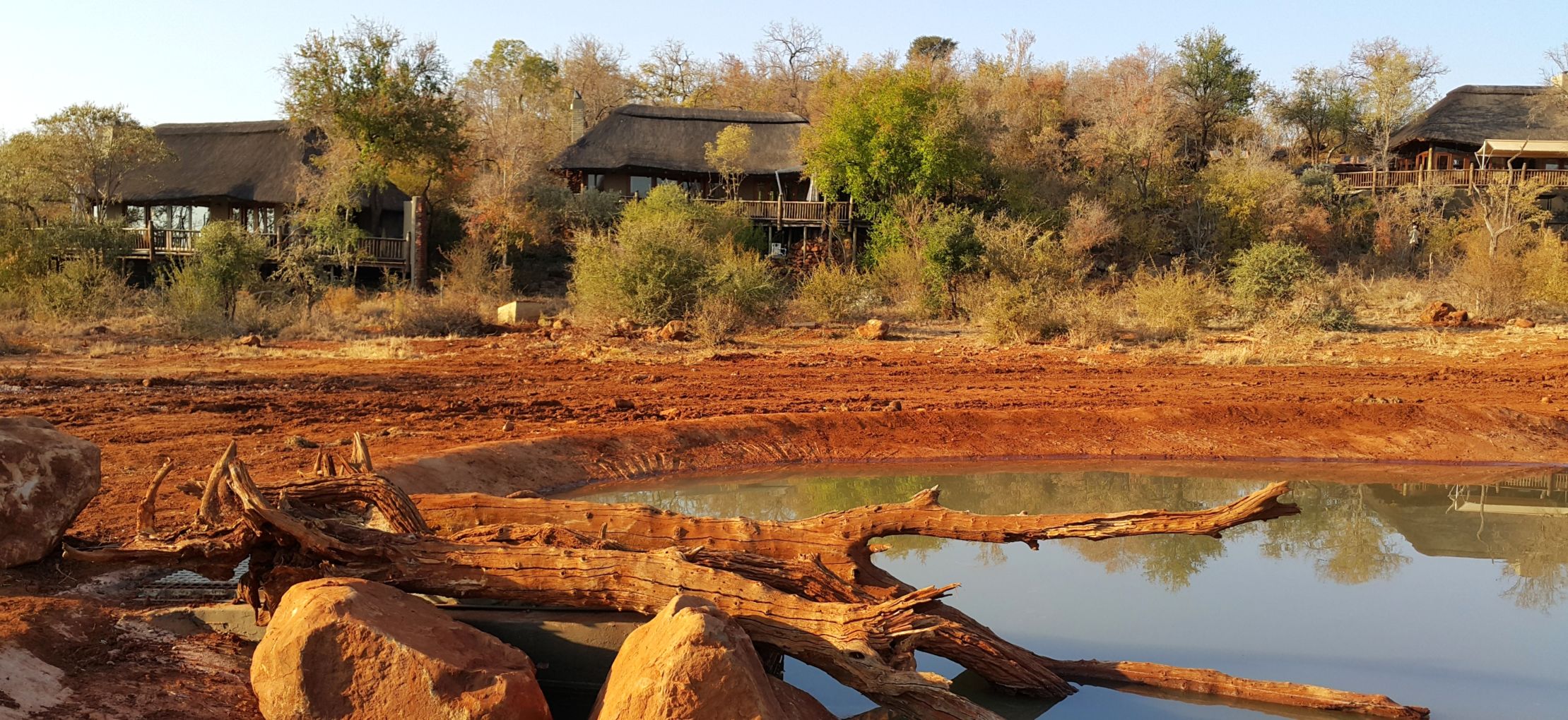 Front view of Etali Safari Lodge taken from the waterhole