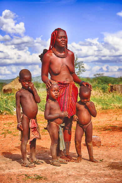 HDR image of a Himba family in their village at Toko Lodge in Namibia