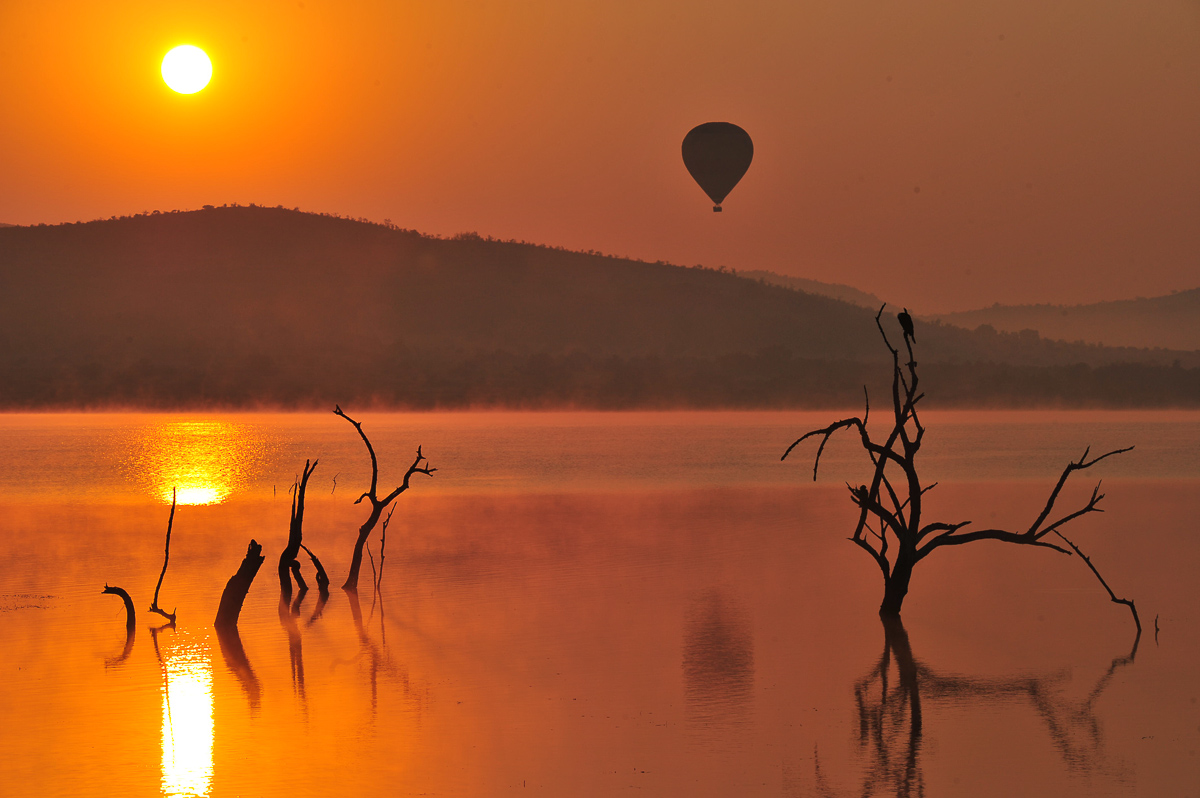 Hot air balloon over Mankwe at sunrise