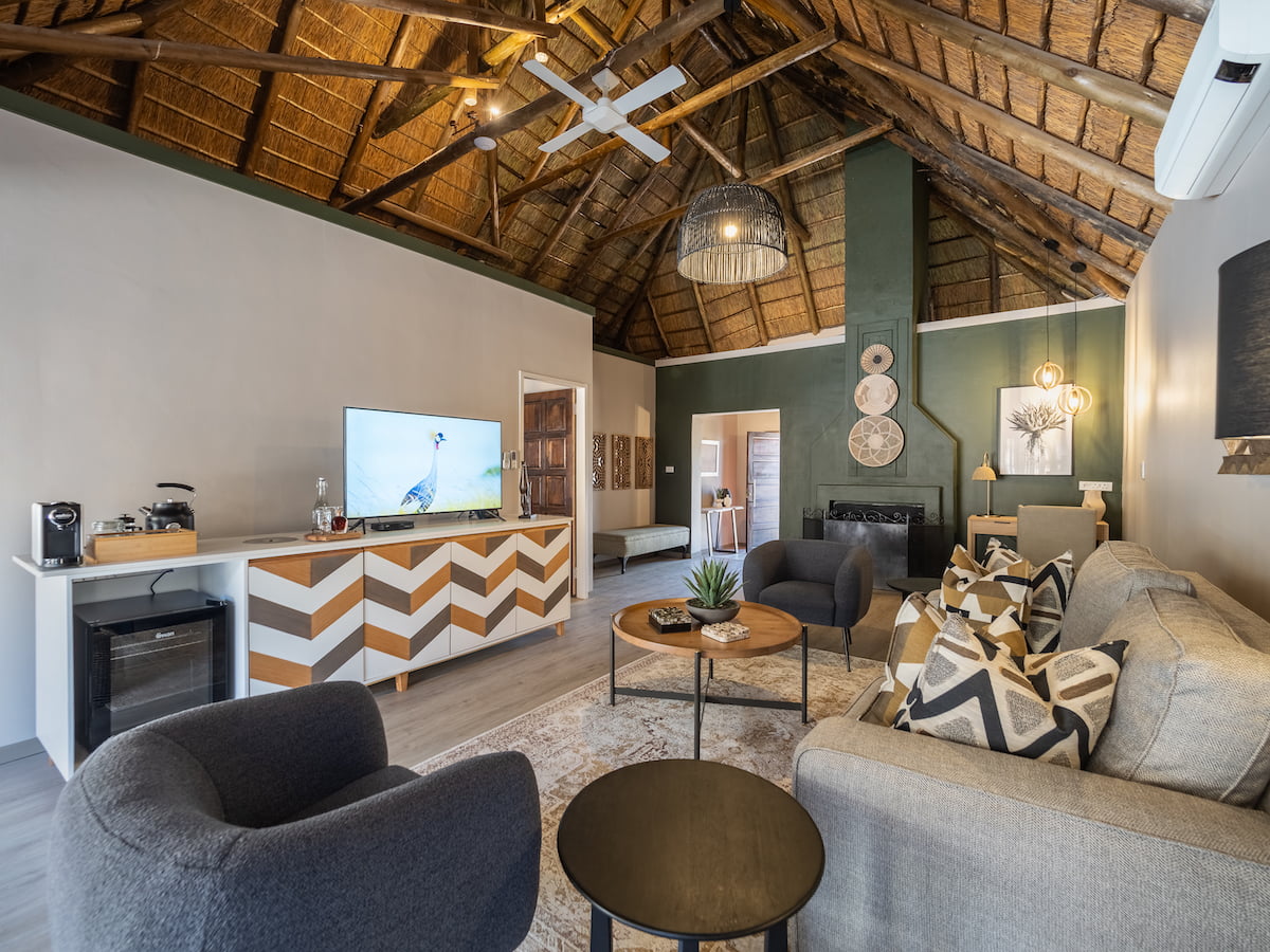 Ivory Tree Family suite lounge and fireplace