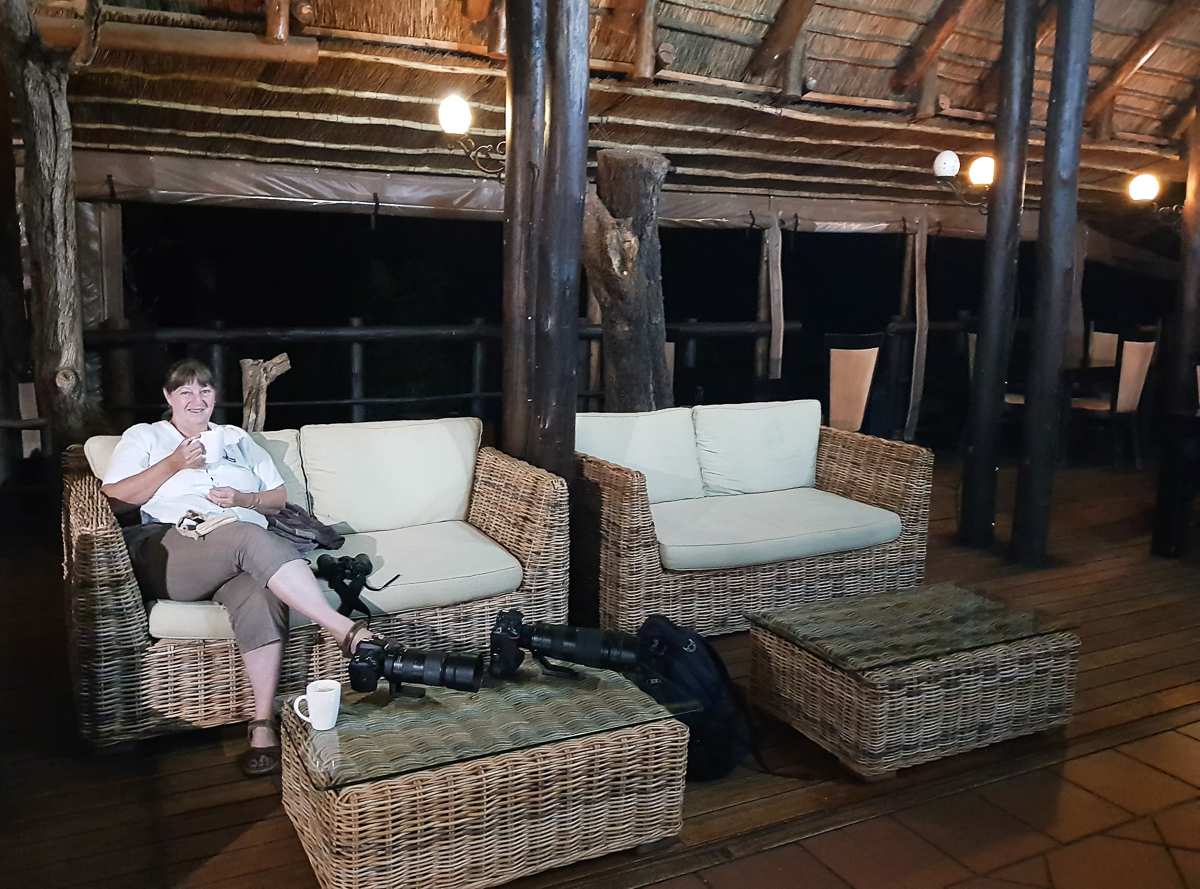 Jen-having-morning-coffee-at Madikwe-River-Lodge