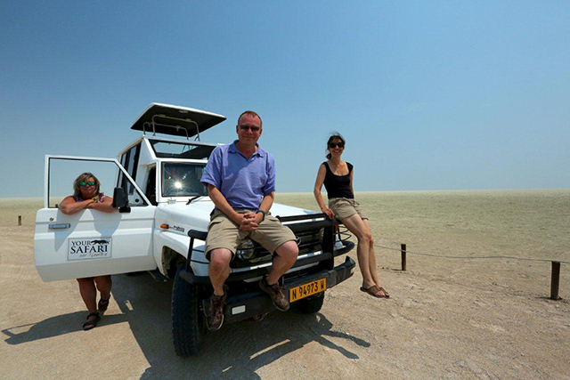 Kathryn with two clients on Etosha Pan Kathryn with two clients on Etosha Pan