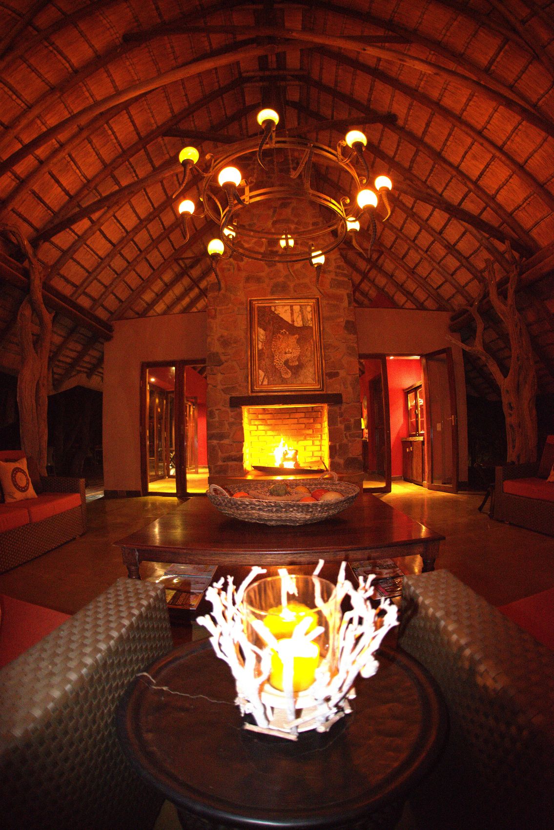Leopard pic over fireplace in Motswiri Private Safari Lodge in Madikwe