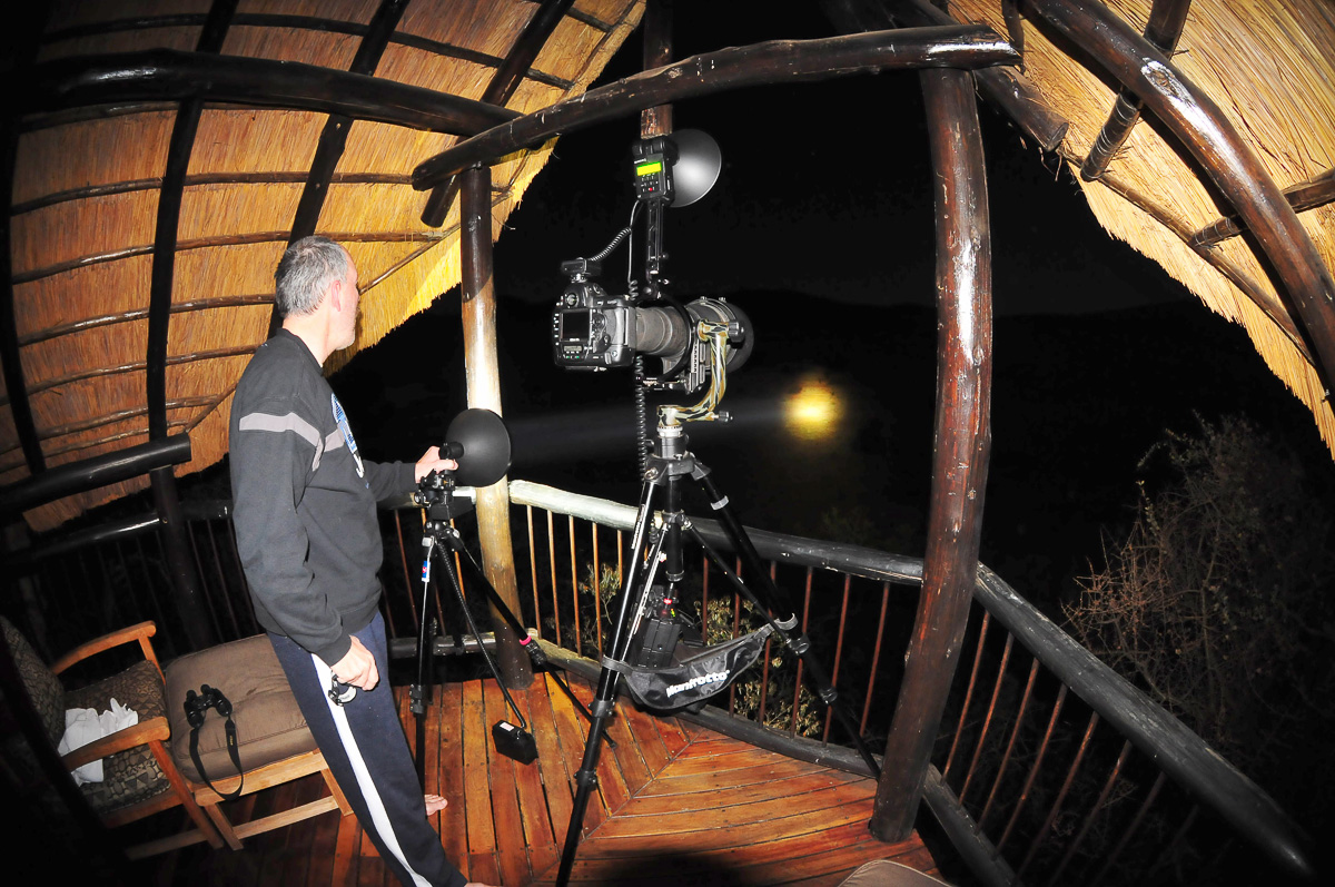 Mario shining spot light from chalet deck at Tshukudu lodge
