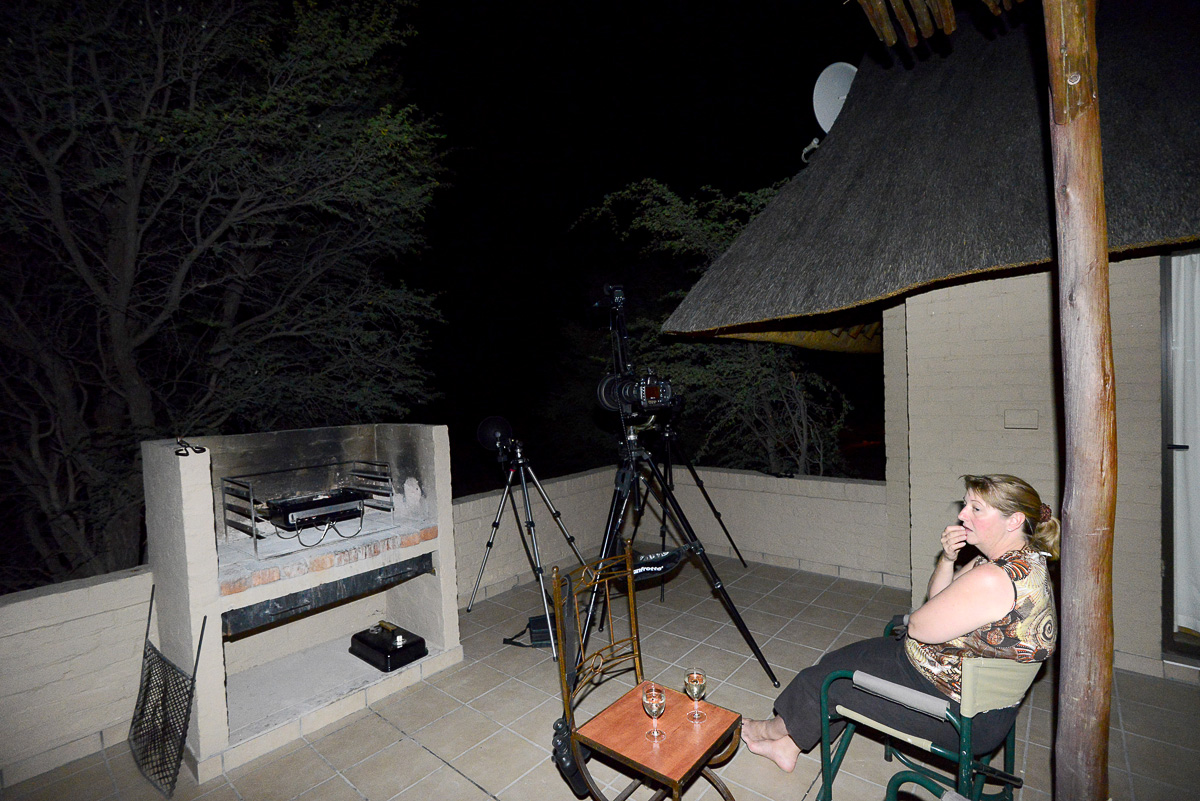 Our braai, wine and gear setup at our chalet at Mata mata