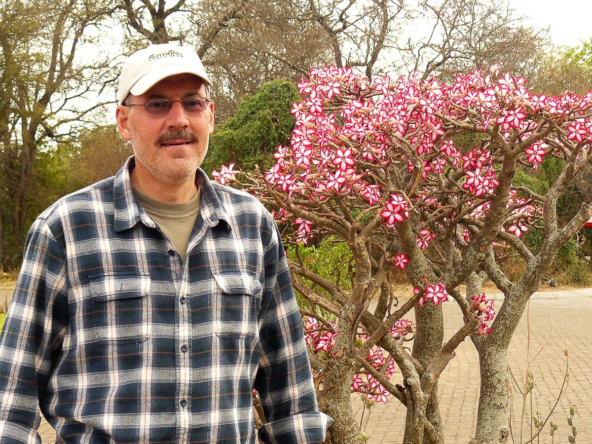 Mario standing next to the Impala lily bush in Mopani camp