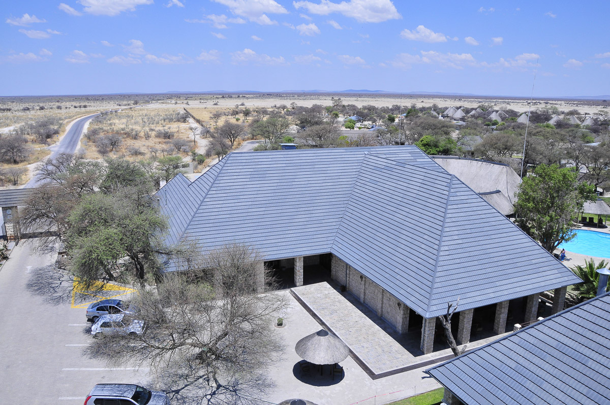 View of the reception area, restaurant and pool taken from the tower