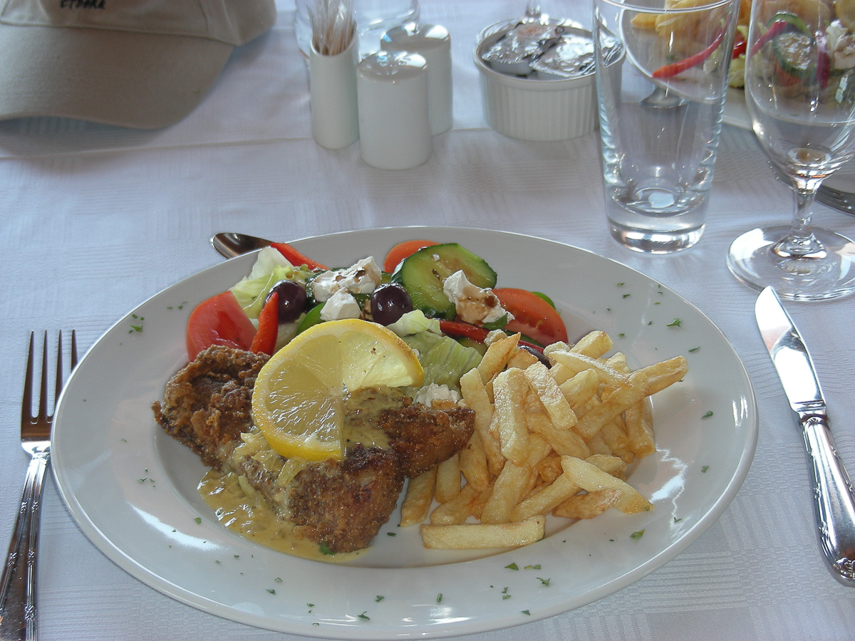 Lunch- fish and chips with greek salad at Onkoshi camp in Etosha National Park