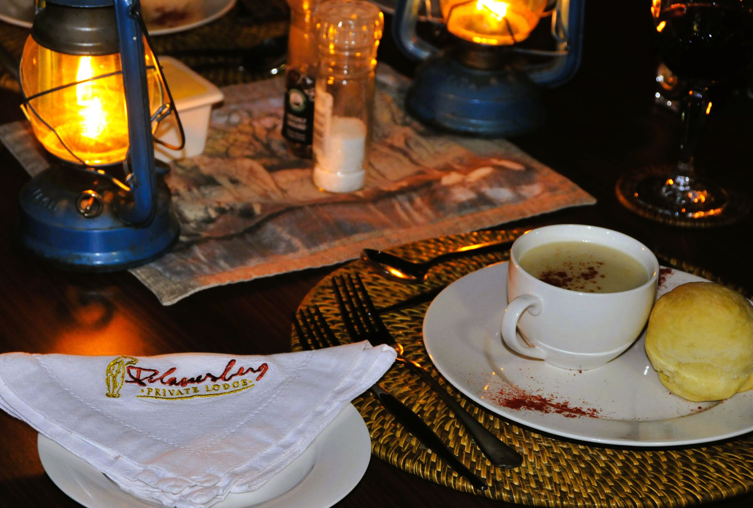 Our starter of mushroom soup at Pilanesberg Private Lodge