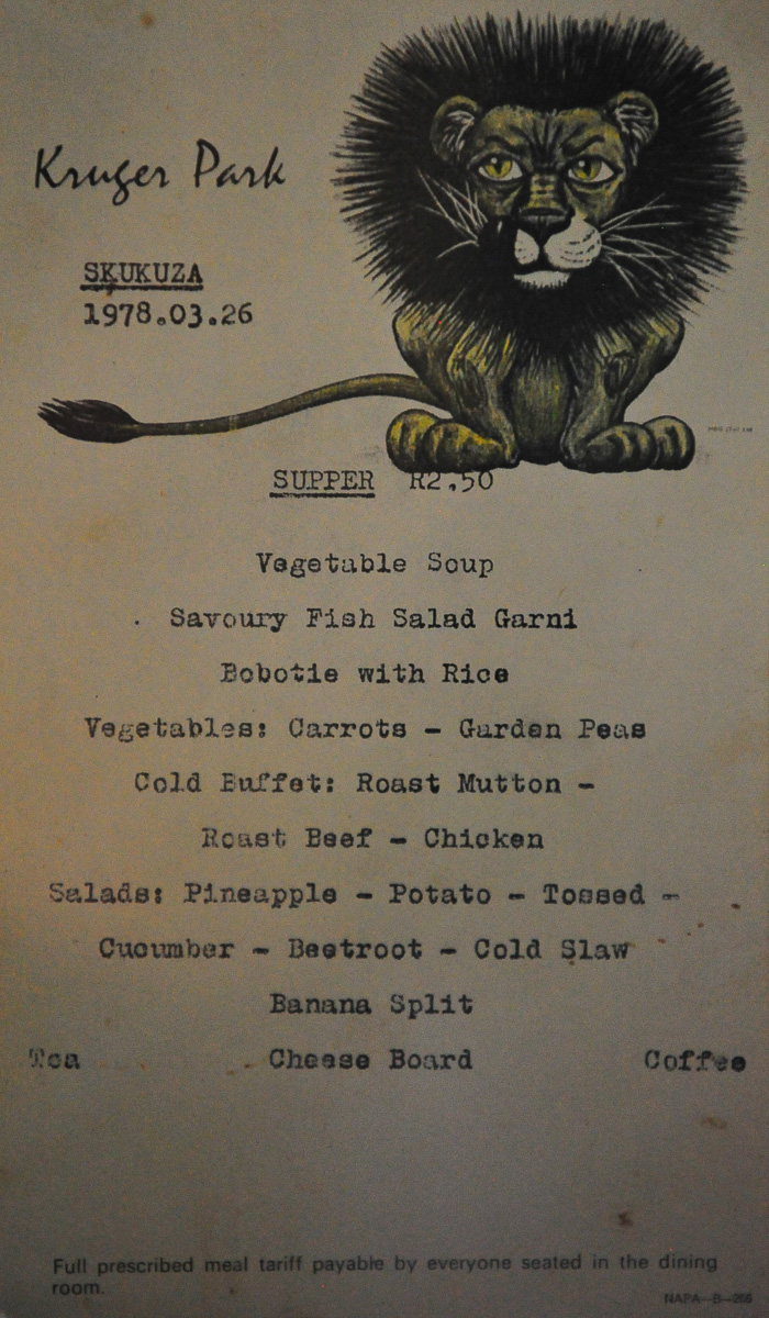 Skukuza restaurants Old Menu
