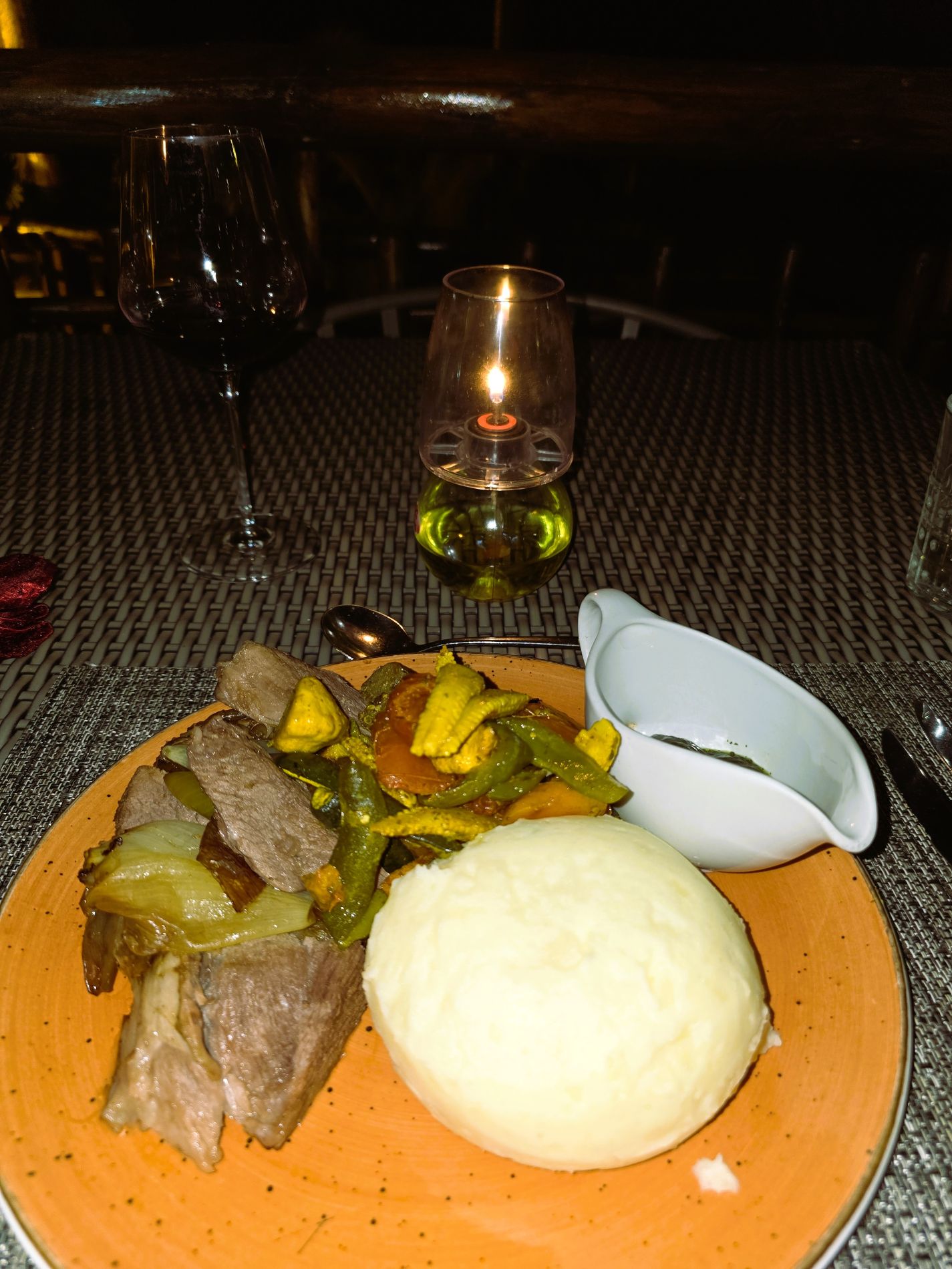 Mario's dinner of steak and vegetables at Cresta Mowana Lodge