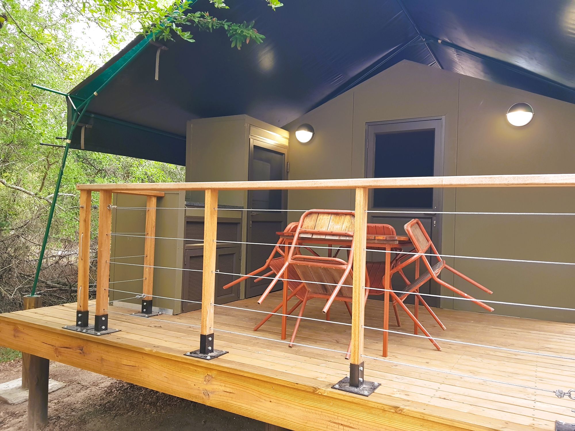 The deck of the  New Safari Tents in Tamboti Tented camp in Kruger