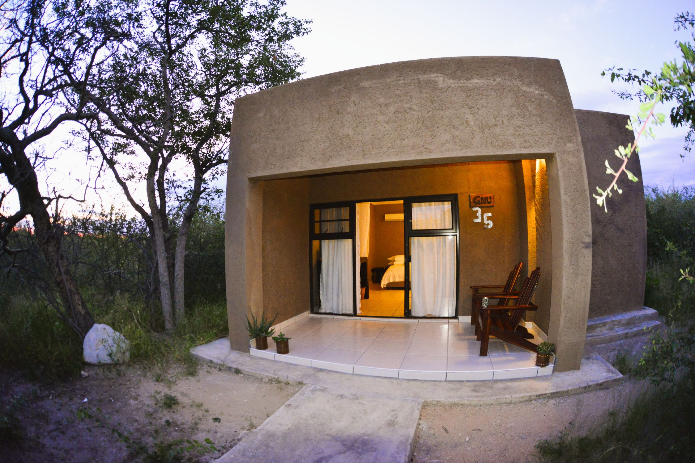 Toshari Lodge chalet at dusk
