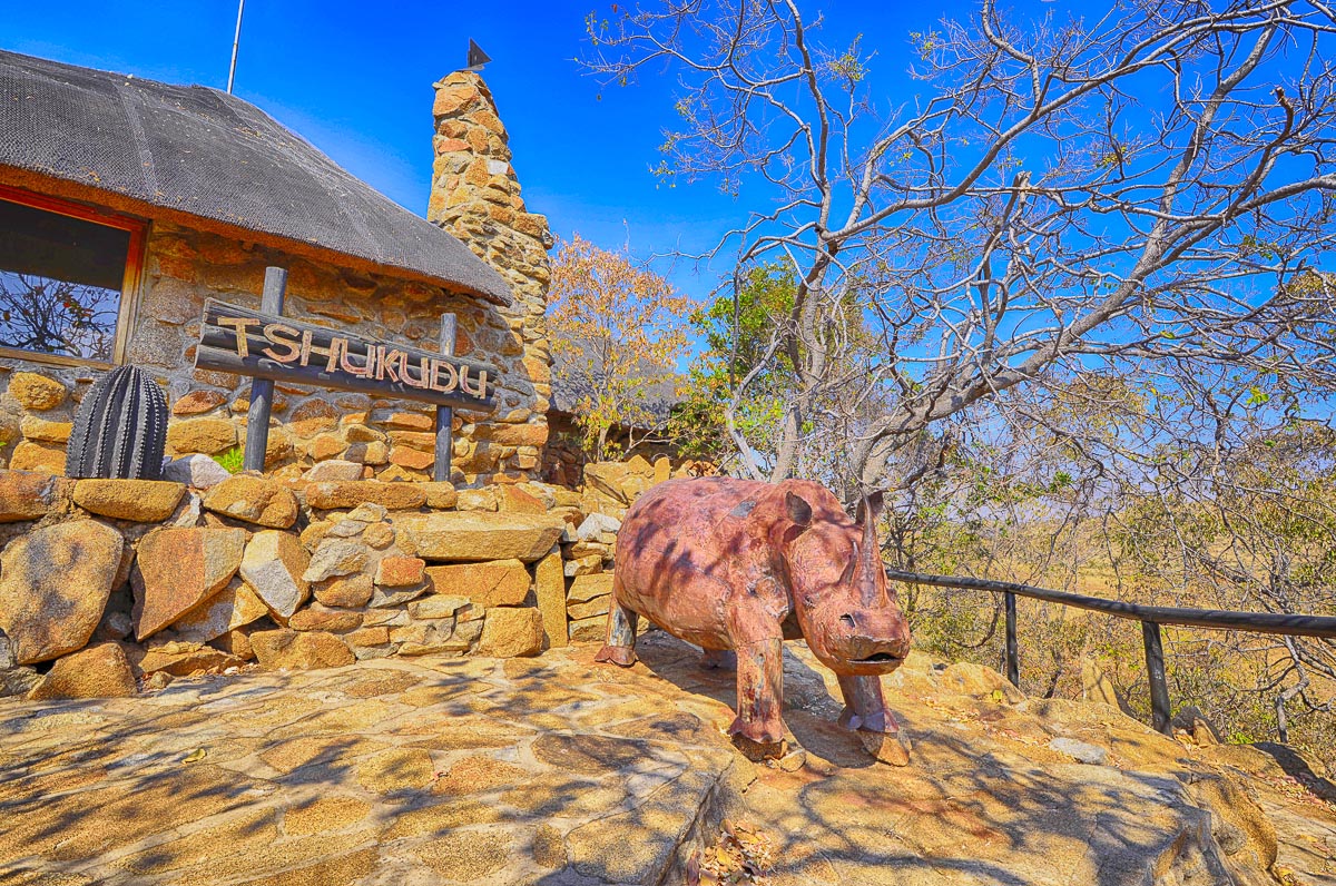 At the top of the stairs at Tshukudu bush lodge
