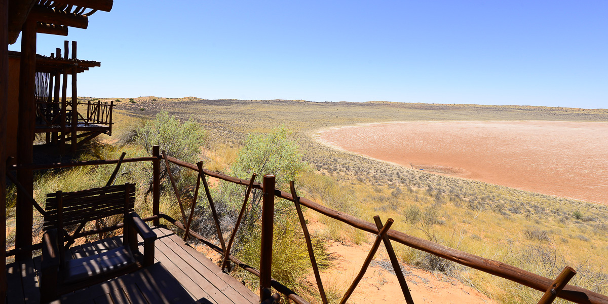 View of pan from chalet deck at !Xaus Lodge