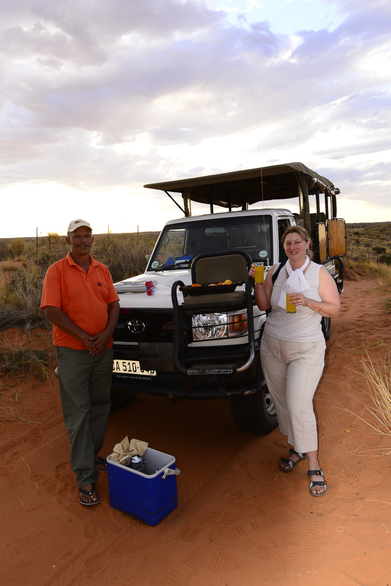 Sundowners on our game drive at !Xaus