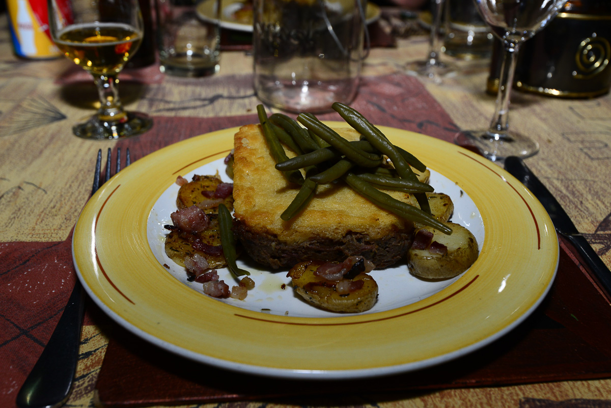 Dinner of Cottage pie green beans and potato bacon rounds at Xaus Lodge in the Kalahari
