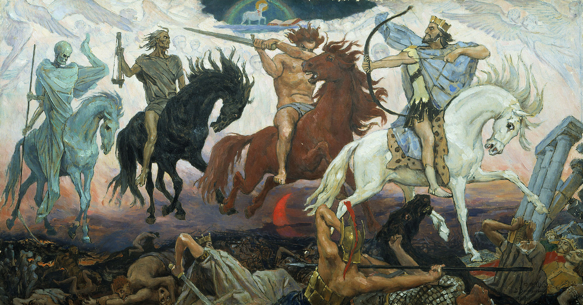 Four Horsemen of the Apocalypse, an 1887 painting by Viktor Vasnetsov. From left to right are Death, Famine, War, and Conquest