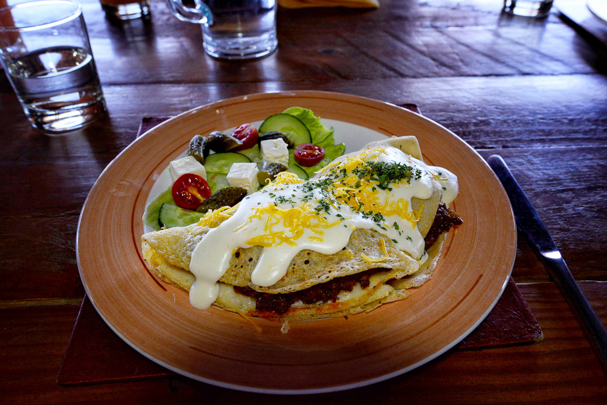 Lunch at !Xaus lodge - staffed pancake with side salad and cheese sauce