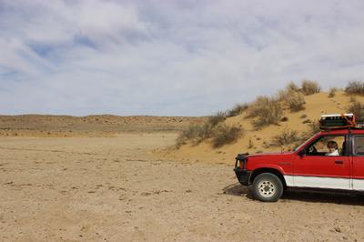 In the middle of a dry pan with a sand dune in the background.