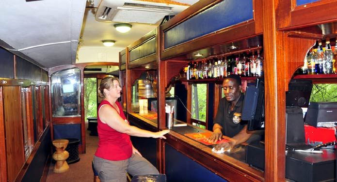 The bar on the old Selati Train in Skukuza camp.
