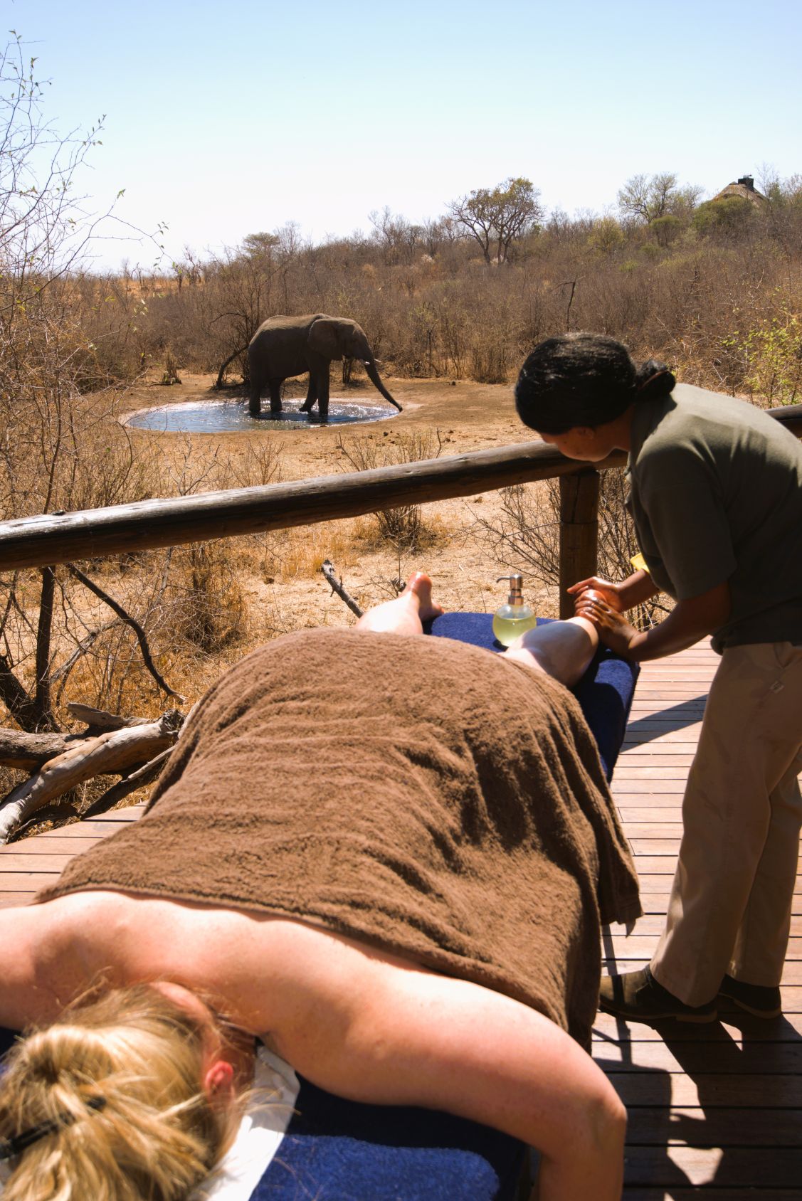 My spa treatment on our deck with an elephant at the waterhole at Motswiri
